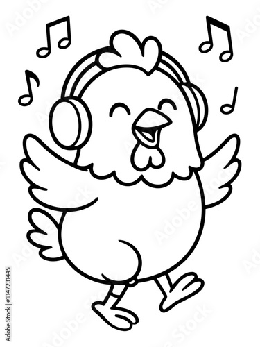 A Groovy Chicken Tunes in to the Beat: An upbeat cartoon chicken wearing headphones, completely engrossed in the melody, dances joyfully with music notes floating around. 