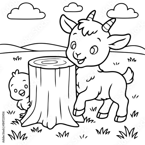 Playful Farm Friends: A charming illustration depicts a cheerful baby goat and a curious chick enjoying a delightful day outdoors, filled with fun, adventure and simple pleasures.