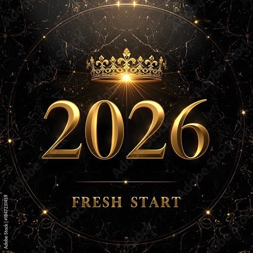 2026 Fresh Start Luxury Background with Golden Crown and Glowing Circle
