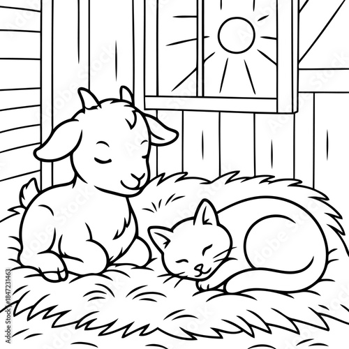 Cozy Companions: A charming illustration depicts a serene scene of a goat and a cat nestled together in a bed of hay, bathed in the gentle glow of sunlight filtering through a window.