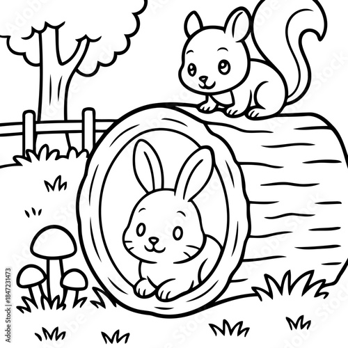 Whimsical Woodland Friends: A heartwarming illustration of a curious bunny peeking out from a log alongside a playful squirrel, embodying the harmony of woodland life. 