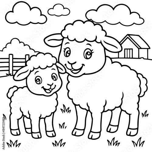 Nurturing bond : Two adorable sheeps stand side-by-side on a grassy field, their eyes meet, and the soft, fluffy texture of their wool creates a soothing visual.
