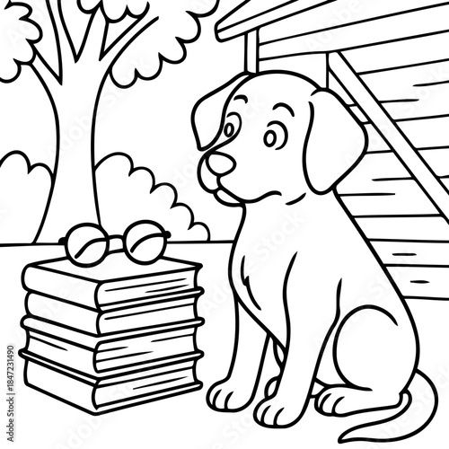 Smart Puppy's Study Time: An adorable puppy contemplates knowledge next to a stack of books and a pair of spectacles, suggesting a love for learning and intellectual curiosity. 