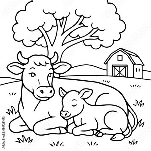 Mother Cow and Calf's Embrace: Tender moment as a mother cow and her calf share a peaceful moment under a sheltering tree, creating a scene of farm life tranquility.
