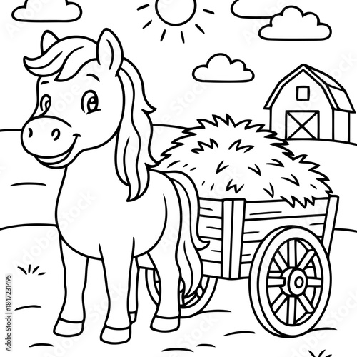 Farm Pony and Hay Cart: A cheerful pony stands proudly, pulling a hay cart filled with hay under the cheerful sun. This illustration shows farm and agricultural element.