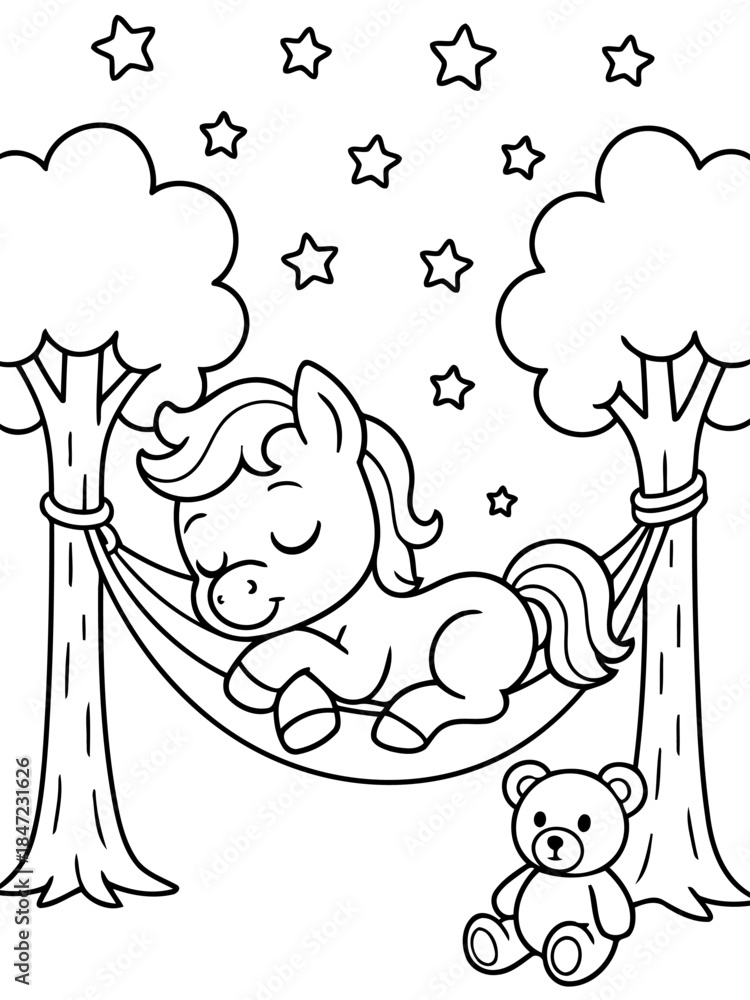 Fototapeta premium Whimsical Slumber: A serene unicorn peacefully rests in a hammock strung between trees, with a teddy bear near by under a starlit night.