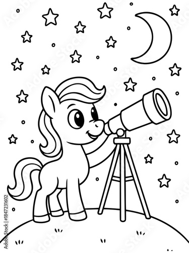 Stargazing Pony: An enchanting pony gazes upward through a telescope under a sky dotted with stars and a crescent moon, inviting viewers to share in the wonder of the cosmos.
