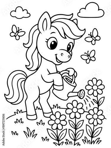 Pony Nurturing Blossoms: A cheerful pony diligently tends to a garden of vibrant flowers, watering them with care as butterflies flutter nearby.
