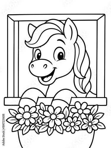 Pony in Bloom: A charming pony peeks out from a window, its cheerful face framed by a profusion of blossoming flowers, evoking a sense of joy and springtime freshness.
