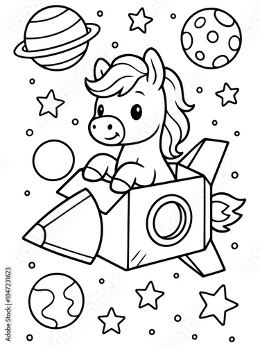 Cosmic Explorer: A charming unicorn embarks on an interstellar adventure, soaring through the cosmos within a rocket ship, encountering celestial bodies.