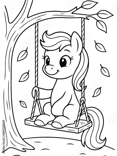 Pony on Swing: A charming, outlined illustration of a pony happily seated on a wooden swing, suspended from a tree branch, creating a playful and inviting scene. 