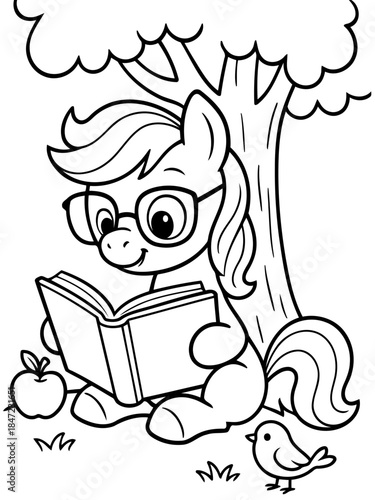 Pony Reading a Book: An intellectual pony, adorned with glasses, is engrossed in the pages of a book, accompanied by a single apple and a little bird, beneath the shade of a tree.