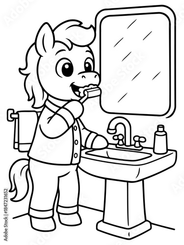 Horse in Bathroom: An adorable horse, dressed in pajamas, diligently brushes its teeth in front of a bathroom mirror, creating a whimsical and charming scene.