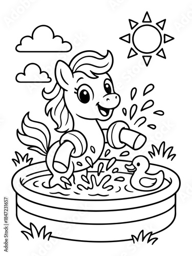 Pony's Playtime in the Pool: A cheerful pony enjoys a splashing, water-filled adventure in the pool with a playful duck. under the warm glow of the sun.