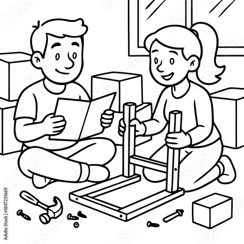 Building a Bond: A couple collaborates in assembling furniture, working together harmoniously to construct something new, embodying cooperation and shared effort.