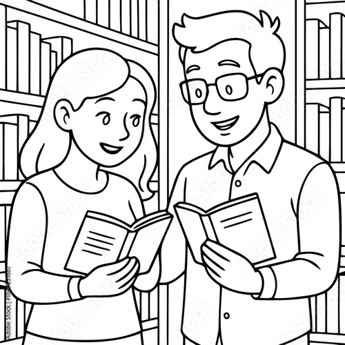 Reading Together in the Library: A couple finds solace and joy in shared moments, immersed in books within the comforting embrace of a library.