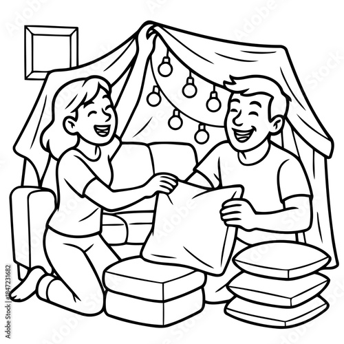 Creating a Cozy Haven: Two individuals collaborate harmoniously to build a charming blanket fort, evoking a sense of creativity, imagination, and shared enjoyment.
