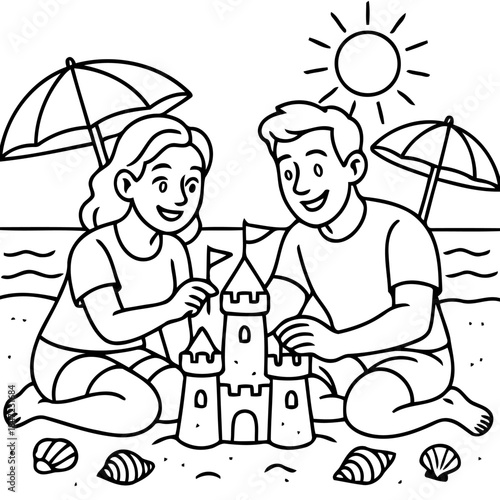 Beach Day Creativity: A happy couple collaborates on crafting a sandcastle, their joyful expressions mirroring the carefree spirit of a sunny day at the seashore.
