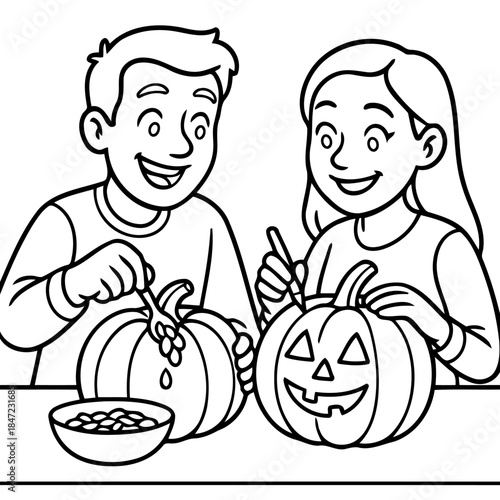 Jack-o'-lantern creation: A dynamic illustration showing two enthusiastic individuals creatively carving jack-o'-lanterns, their faces lit with excitement, fully immersed in the joy of the activity.