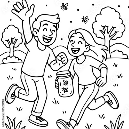 Joyful Pursuit: Depicts two exuberant individuals chasing after fireflies in a sun-drenched field. Their shared delight and excitement shine through as they embark on this enchanting pursuit. 