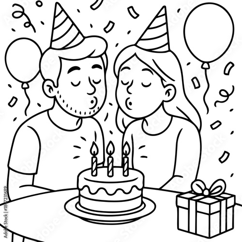 Sweet Birthday Wishes: A heartwarming illustration of a couple blowing out the candles on a birthday cake, surrounded by balloons and festive confetti, embodying the joy of a shared celebration.