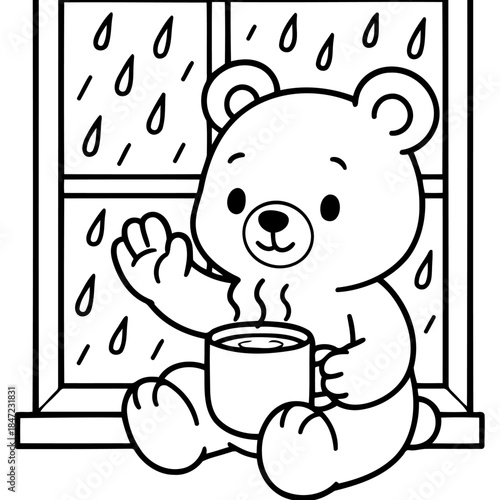 Cozy Comfort on a Rainy Day: A charming cartoon bear, basking in the warmth of a mug while gazing out at a gentle rain shower, embodies the essence of serenity.