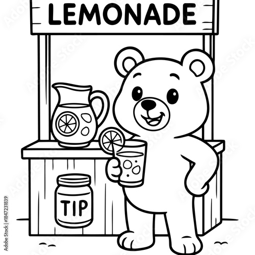 Bear's Lemonade Stand: A charming illustration depicts a friendly bear managing a lemonade stand, showcasing a refreshing drink in a glass and jar ready for tips. The scene is bright and inviting.