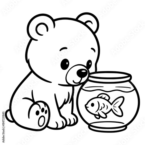 Curious Bear Cub and Fish: A charming illustration depicts a playful bear cub captivated by a goldfish in a bowl, showcasing the innocent curiosity of youth.