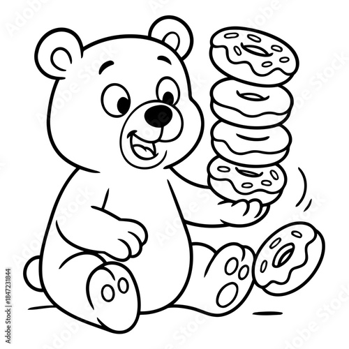 Bear's Sweet Treat: A joyful bear cub is surrounded by delicious donuts, a whimsical illustration perfect for sweet-themed projects.