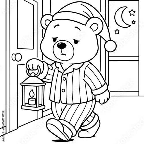 Sleepy Bear's Night Adventure: An adorable cartoon bear, dressed in striped pajamas and a nightcap, embarks on a nighttime quest with a lantern in hand.