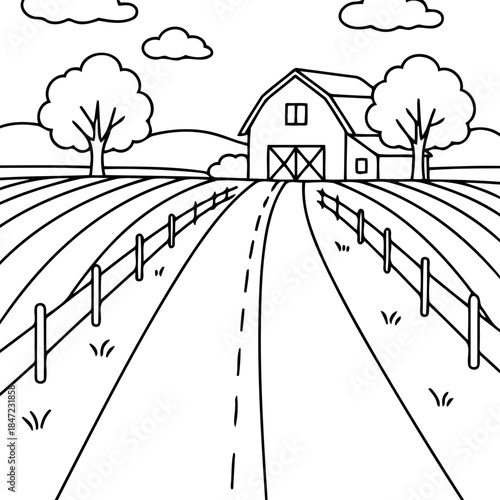 Farmhouse Pathway: An inviting pathway leads to a quaint farmhouse, flanked by verdant fields under a serene sky. A scene of rural charm and agricultural simplicity.
