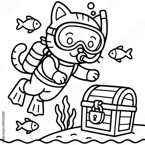 Kitty Diver: An adorable cartoon cat, fully equipped with scuba gear, gracefully explores the underwater world alongside playful fish, and treasure chest.