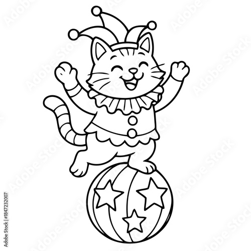 Cheerful Cat Performer: A jovial feline, dressed as a jester, balances playfully atop a ball, radiating joy. Perfect for entertainment-themed designs.