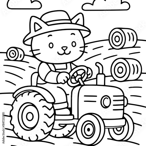 Cat Farmer Driving a Tractor: A charming, cartoonish cat character steers a tractor across a rural landscape, symbolizing hard work and the simple joys of farm life.