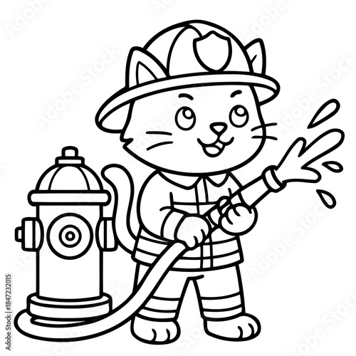 Cartoon Firefighter: A brave cartoon cat in firefighter gear tackles a mock fire with a water hose near a fire hydrant, radiating courage and heroism.