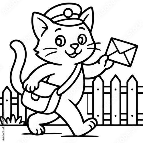 Purrfect Delivery: A cartoon cat, dressed as a mail carrier, strides confidently, carrying a letter in a playful illustration, radiating cheerfulness and reliability.