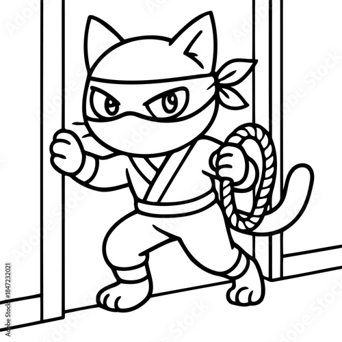 Ninja Cat: A cunning feline warrior, masked and poised, prepares for action with a rope, embodying stealth and agility.