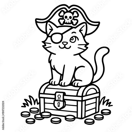 Pirate Cat: A charming cartoon pirate cat perched atop a treasure chest, sporting an eye patch and pirate hat, ready for adventure and buried treasures.
