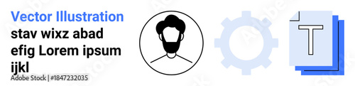 Digital tools, profile creation, text formatting, technology concepts, app design, interface elements. Minimalistic profile icon, gear symbol text layers . Digital tools and profile creation concept