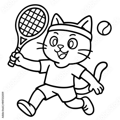 Tennis Cat's Game Day: An endearing cartoon cat, fully engrossed in the game, brandishes a racket and tennis ball, exuding fun, joy and the competitive spirit of sport.