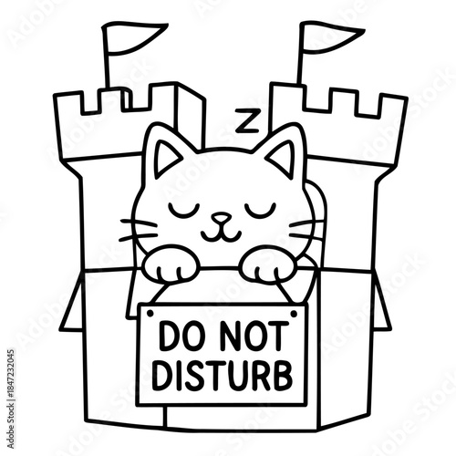 Do Not Disturb Cat's Castle: A serene feline naps peacefully within the whimsical confines of its cardboard castle, a Do Not Disturb sign gently swaying in the breeze.