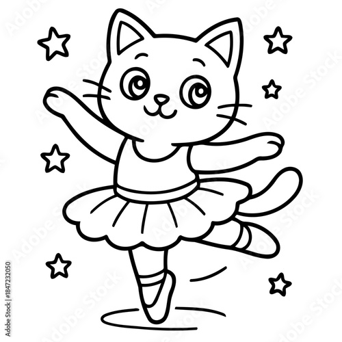 Ballerina Cat: A charming cartoon depiction of a graceful cat in a tutu and pointe shoes, pirouetting in a world of stars, exuding joy and elegance.