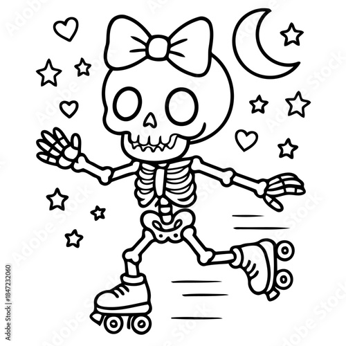 Whimsical Roller-skating Skeleton: An enchanting illustration of a jovial skeleton figure gliding on roller skates under a crescent moon, stars, and hearts, it embodies the spirit of fun and fantasy.