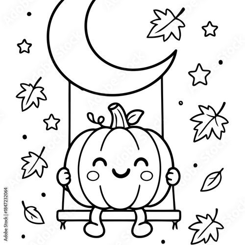 A Whimsical Autumn Scene: A cheerful cartoon pumpkin swings happily under a crescent moon, surrounded by falling leaves and stars, evoking the enchanting spirit of fall.