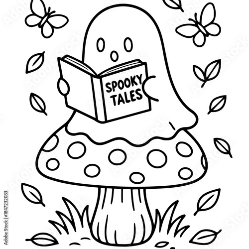 Whimsical Halloween Tale: A charming ghost, perched atop a magical mushroom, delves into a book of spooky tales, surrounded by fluttering butterflies and falling leaves.