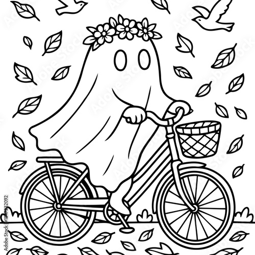 Whimsical Ghost Rider: A friendly ghost, adorned with a floral crown, merrily cycles through a charming autumn scene with leaves swirling around and birds taking flight.