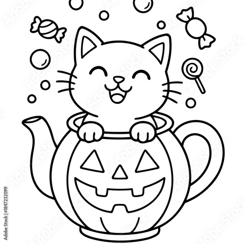 Cute Halloween Cat and Pumpkin Teapot: A cheerful cat peeks out from a festive pumpkin teapot, surrounded by candies and bubbles, embodying the playful spirit of Halloween.