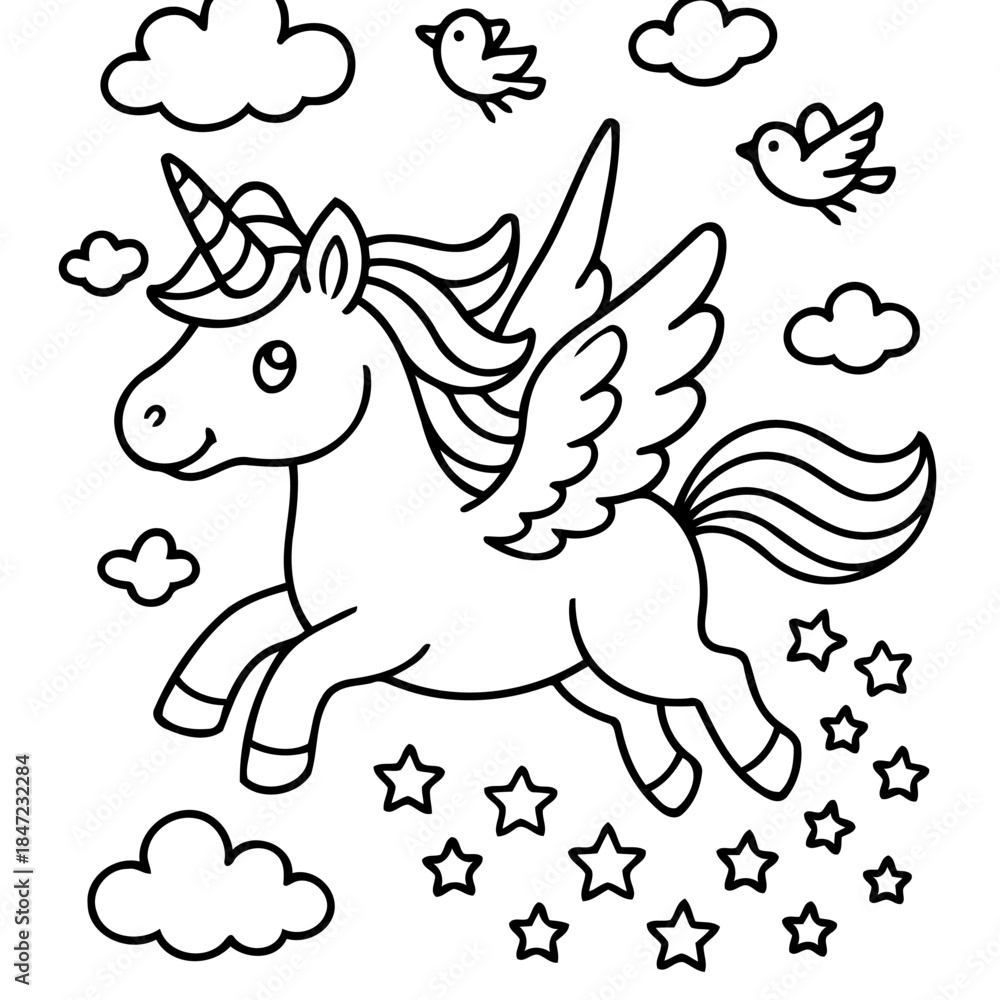 Fototapeta premium Celestial Unicorn's Flight: An ethereal unicorn with a spiral horn, feathered wings, and flowing mane soars gracefully through a whimsical sky, leaving a trail of shimmering stars.