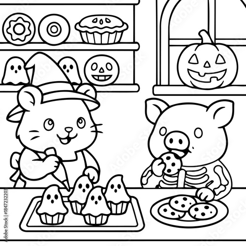 Spooky Treats Baking: A charming scene unfolds as a witch mouse and a pig in a skeleton costume joyfully prepare Halloween-themed pastries, cookies, and a carved pumpkin.