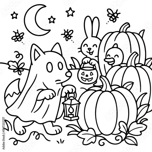 Halloween Night: A whimsical Halloween scene filled with a cute ghost fox, friendly rabbit and adorable pumpkins under the moonlit sky, perfect for the autumn celebration. 